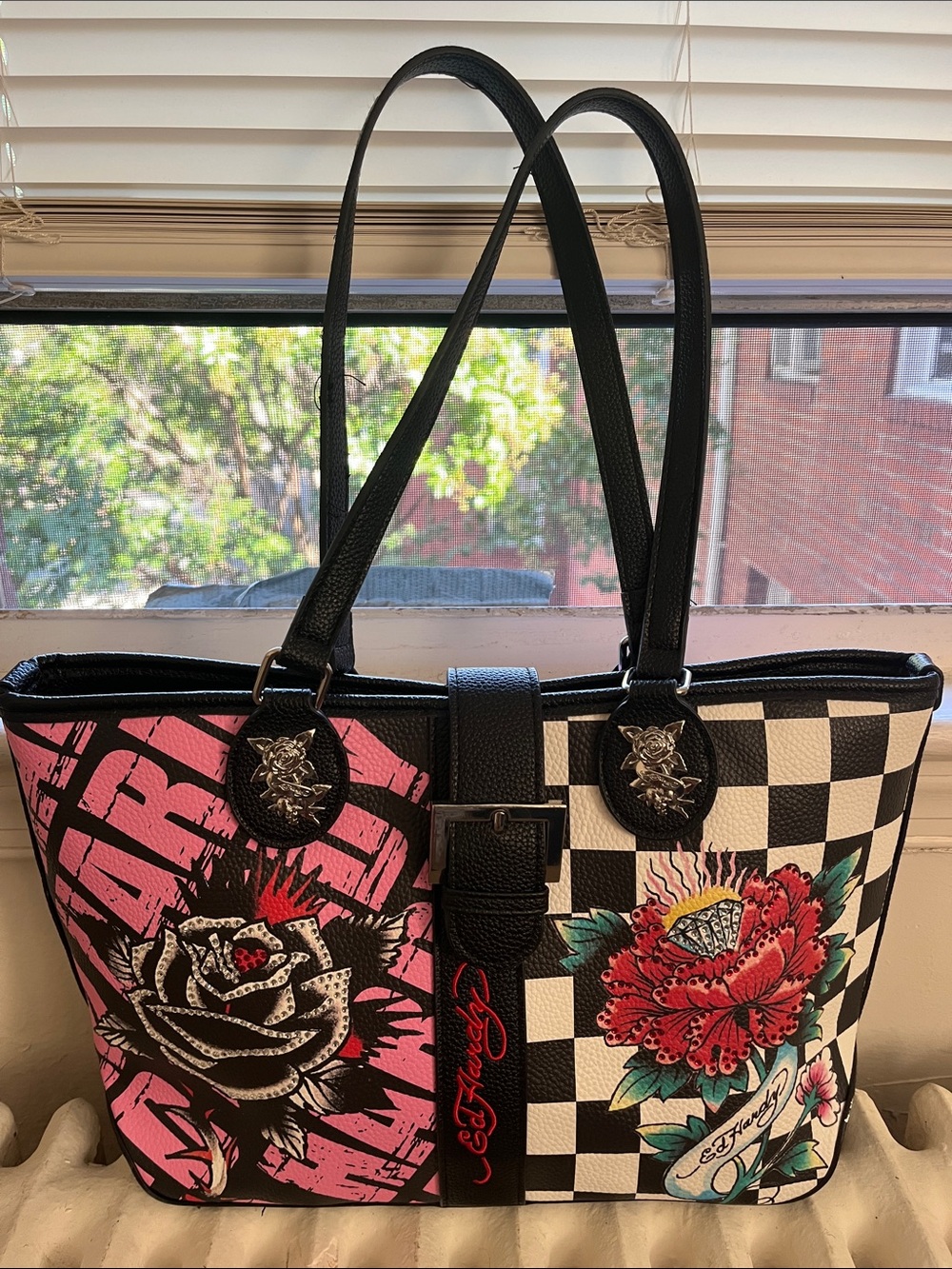 Ed Hardy Pink, Black & White Floral Checker Tote